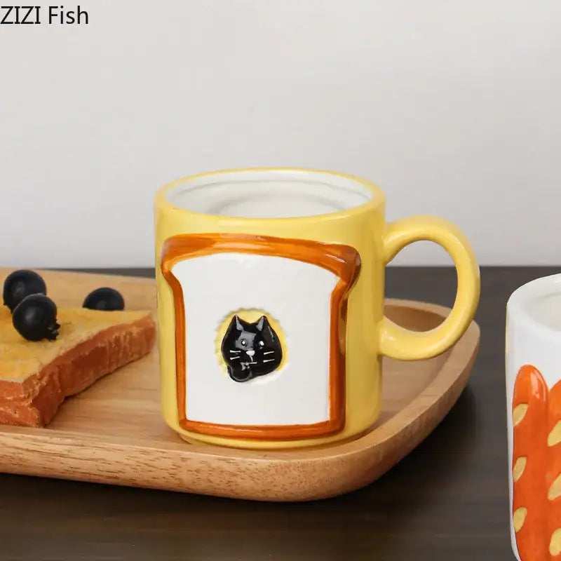 Yellow bread pattern ceramic cat mug shaped like toast with a black cat inside pattern ceramic cup for kitchen use