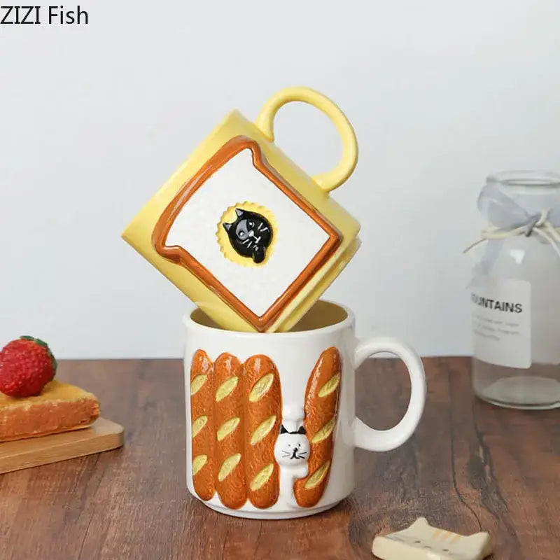 Yellow bread pattern ceramic cat mug shaped like toast with black cat face design for kitchen use