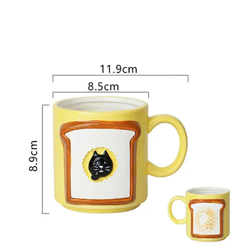 Yellow bread pattern ceramic cat mug shaped like a toast slice featuring a black cat design for kitchen use
