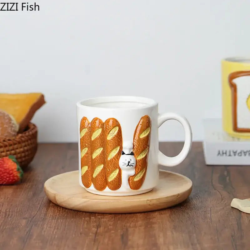 White ceramic bread pattern ceramic mug with 3d golden-brown baguettes and a white cat for kitchen use