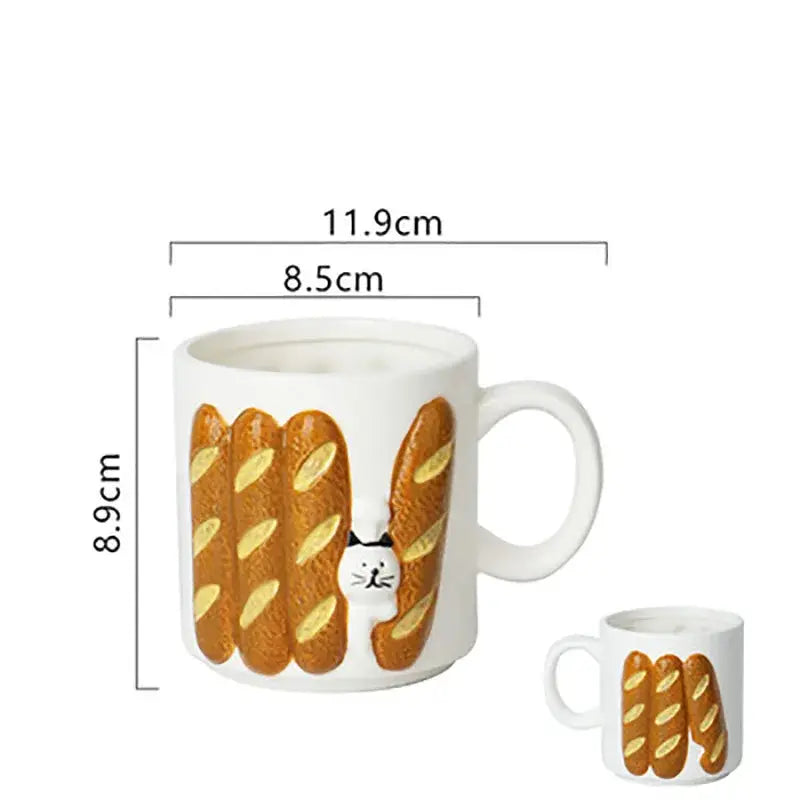White ceramic bread pattern ceramic mug featuring a 3d golden-brown baguette design with a black-and-white cat peek