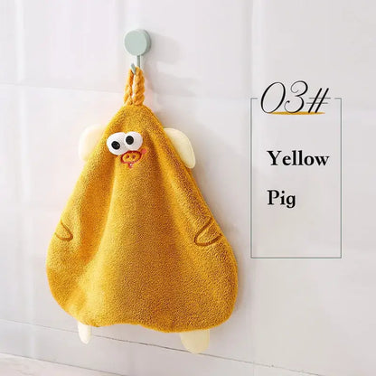 Yellow cartoon pig plush hand towel with embroidered features and soft fabric ears for bathroom or kitchen decorbites cartoon pig