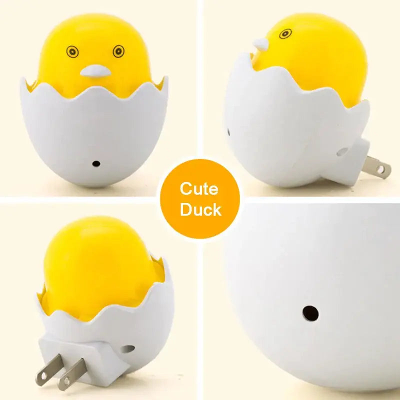 Yellow chick in eggshell led night light with plug-in base designed as a bedroom sensor lamp for nighttime use