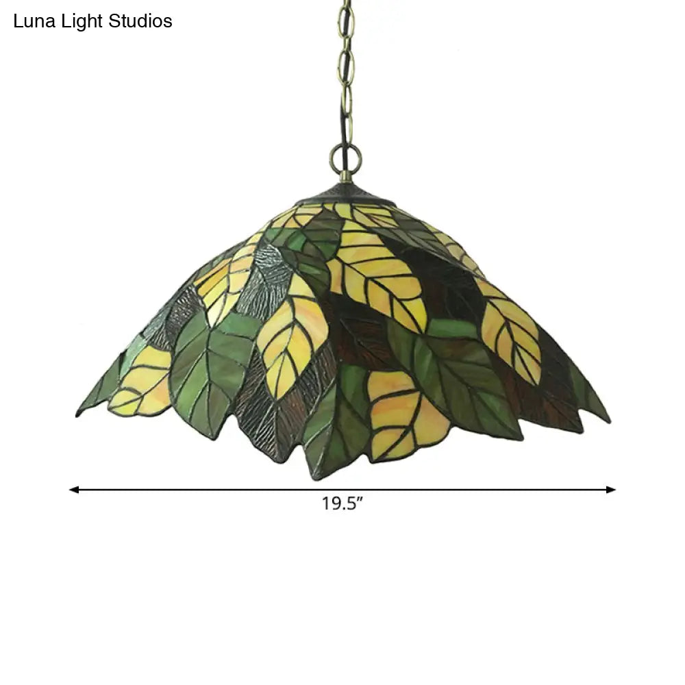 Yellow Cone Drop Pendant - Stained Glass Ceiling Light with Leaf Pattern