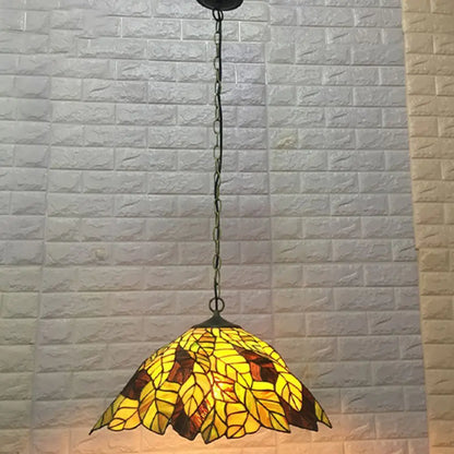 Yellow Cone Drop Pendant - Stained Glass Ceiling Light with Leaf Pattern