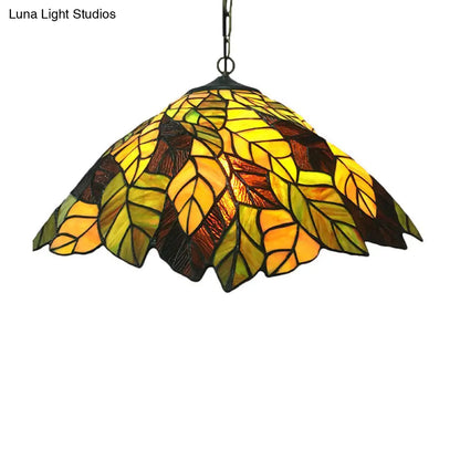 Yellow Cone Drop Pendant - Stained Glass Ceiling Light with Leaf Pattern