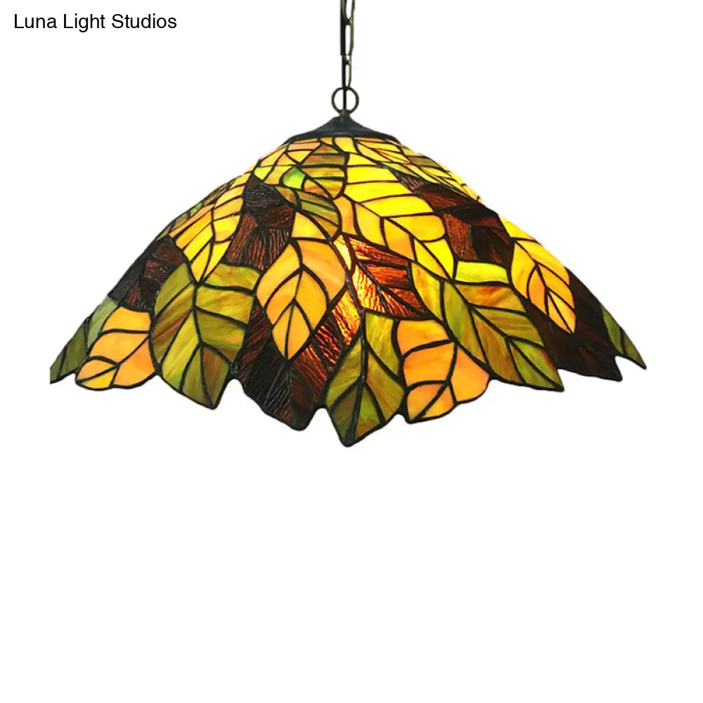 Yellow Cone Drop Pendant - Stained Glass Ceiling Light with Leaf Pattern