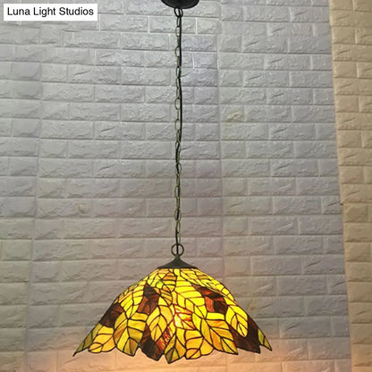 Yellow Cone Drop Pendant - Stained Glass Ceiling Light with Leaf Pattern