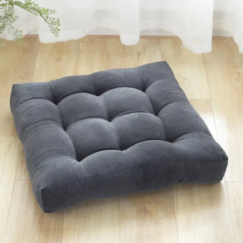 Dark gray corduroy square floor pillow with tufted button detailing from decorbites inyahome square collection