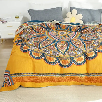 Vibrant yellow cotton mandala leisure blanket with colorful orange blue and pink intricate decorbites cotton mandala design