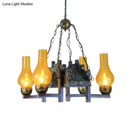 Yellow Crackle Glass Bronze Pendant Lamp with 4-Light Industrial Chandelier Design