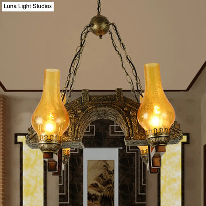 Yellow Crackle Glass Bronze Pendant Lamp with 4-Light Industrial Chandelier Design