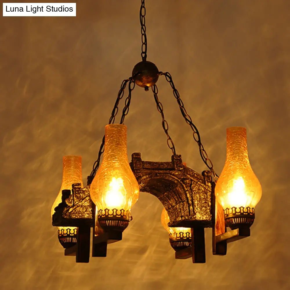 Yellow Crackle Glass Bronze Pendant Lamp with 4-Light Industrial Chandelier Design