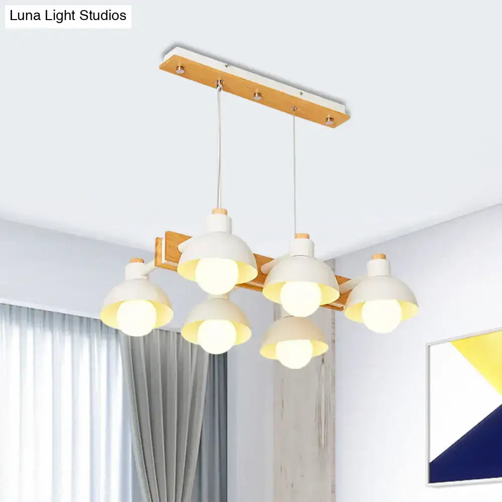 Decorbites dome shade linear chandelier with five white ceramic shades on natural wood beam and adjustable chain cord length
