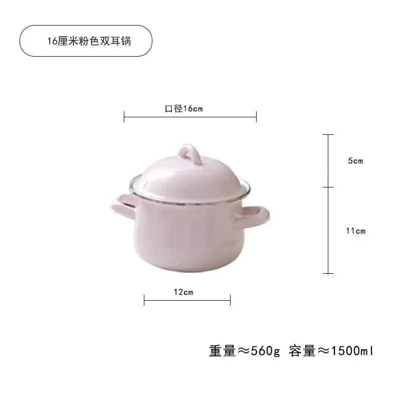 A 16-centimeter pink enamel cooking pot with two handles silver trim and matching lid for use as an enamel stock pot