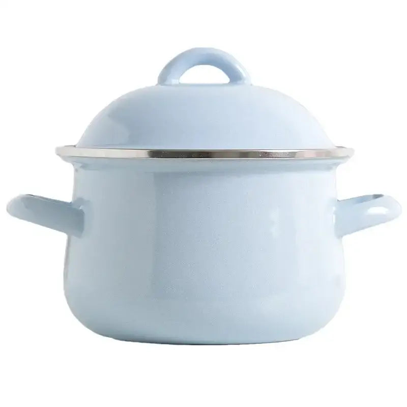 Light blue enamel cooking pot with lid, silver metal rim and handles, enamel stock pot for kitchen use