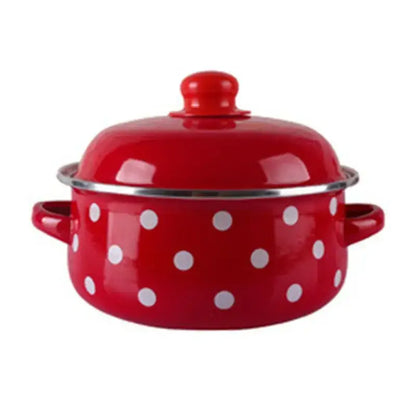 Red enamel cooking pot with white polka dots and silver rim accents, ideal as an enamel stock pot or stock pot