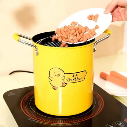 Yellow enamel deep fryer with glass lid featuring a cartoon duck and brother text by decorbites deep fryer