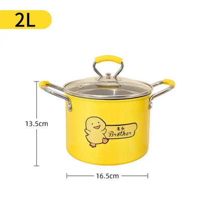 Yellow enamel deep fryer with glass lid featuring stainless steel handles and base and a cheerful cartoon duck decorbites deep fryer