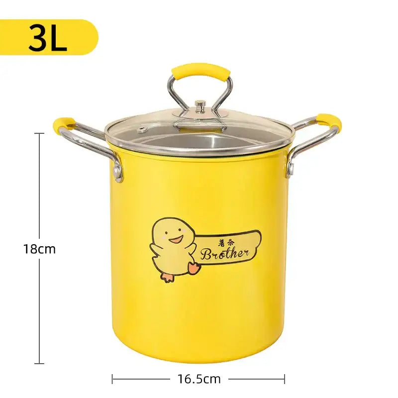 Yellow enamel deep fryer with cartoon duck design and stainless steel lid and handles by decorbites deep fryer