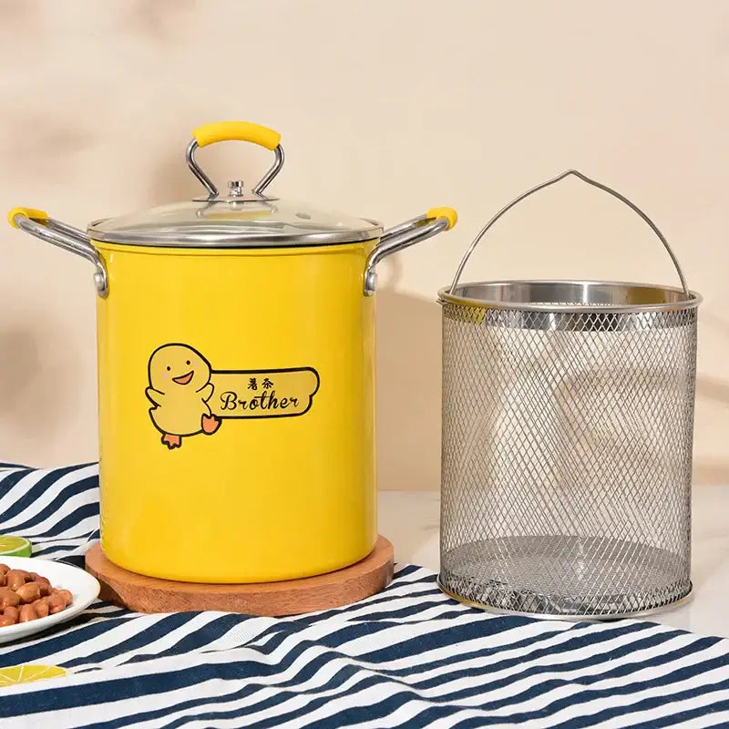 Bright yellow enamel deep fryer with cartoon duck sticker brother text silver handles and glass lid decorbites deep fryer