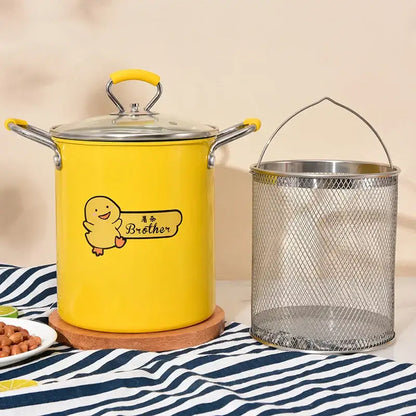 Bright yellow enamel deep fryer with cartoon duck sticker brother text silver handles and glass lid decorbites deep fryer