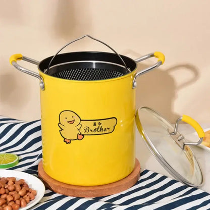Yellow enamel decorbites deep fryer with stainless steel handles mesh insert and cartoon duck holding brother sign