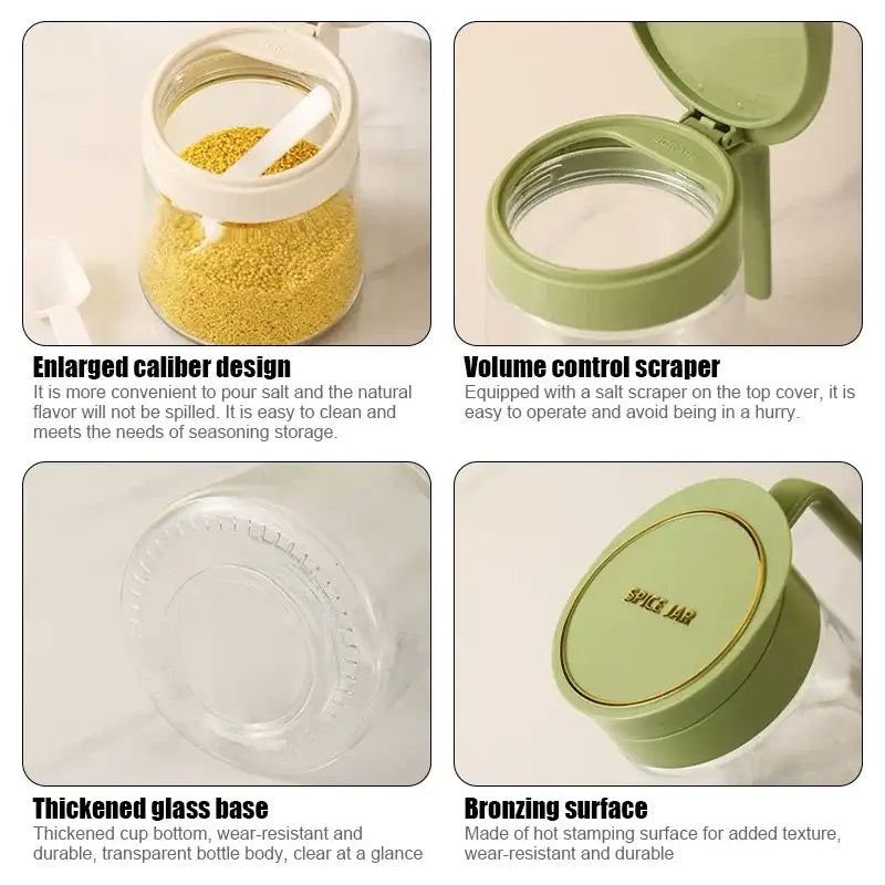 A clear glass seasoning jar with a sage green lid and handle featuring an enlarged caliber design for easy pouring