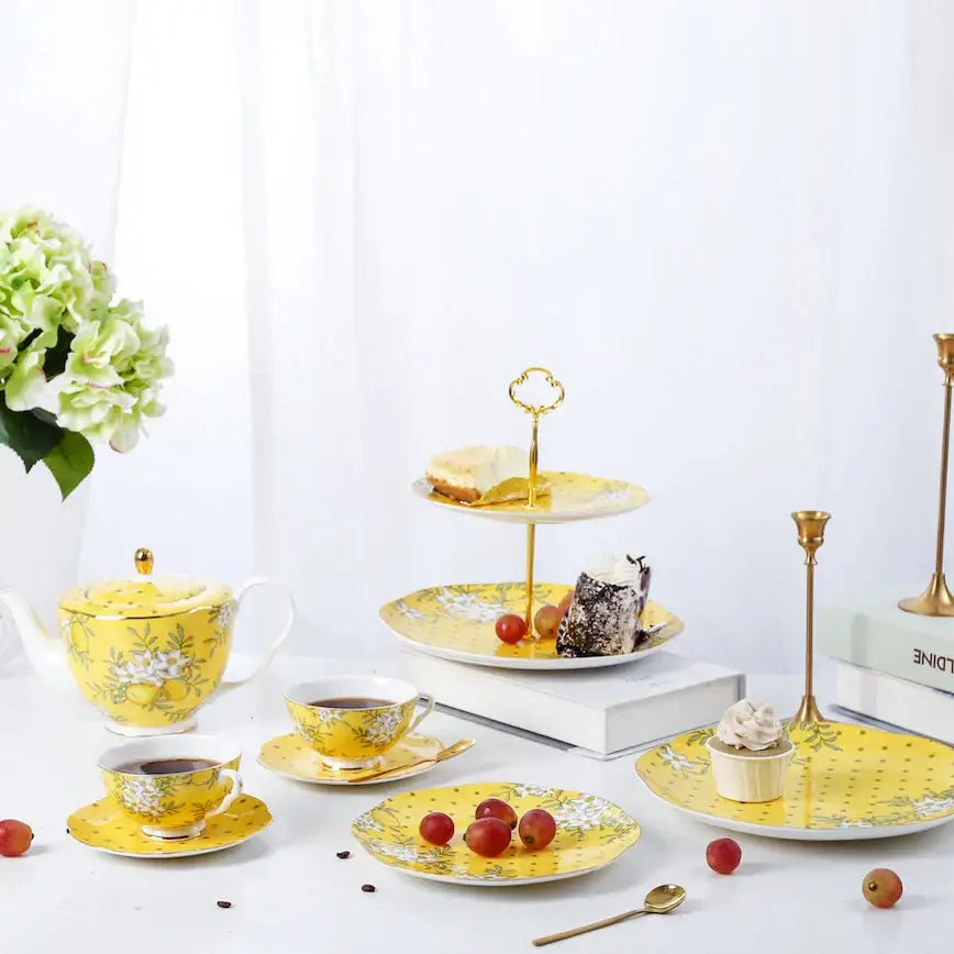 Yellow floral lemon tree bone china tea set with gold accents and matching tiered serving stand for decorbites lemon tree decor