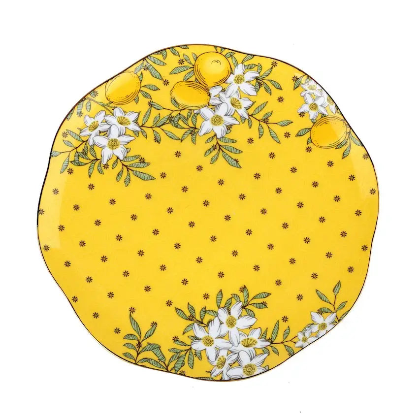 Vibrant yellow lemon tree bone china plate with white blossoms green leaves and golden lemons from decorbites lemon tree set