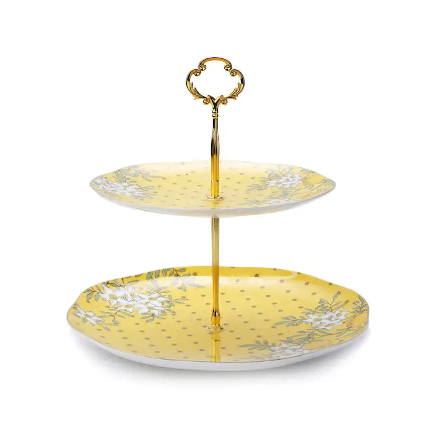 Yellow floral-patterned two-tier lemon tree bone china serving tray with gold accents and decorative handle by decorbites lemon tree
