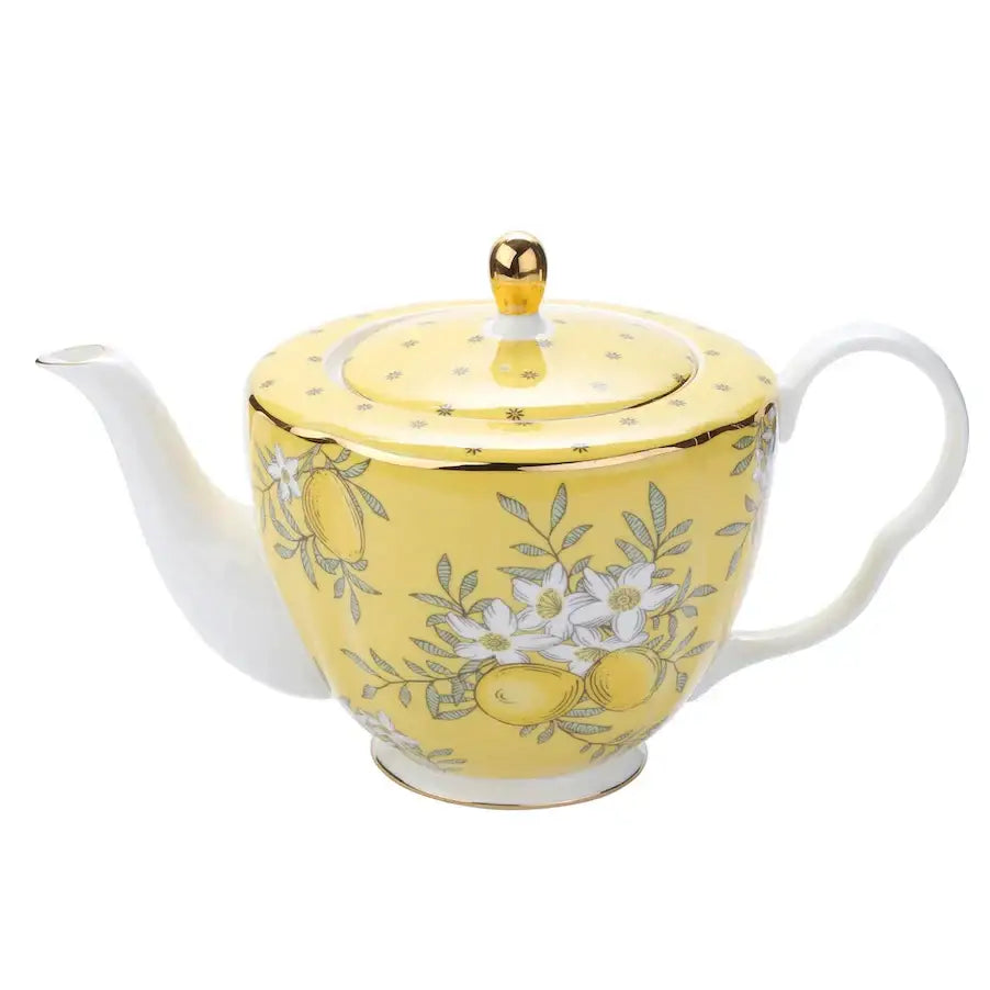 Yellow floral lemon tree bone china teapot with gold trim from decorbites lemon tree dining room server set