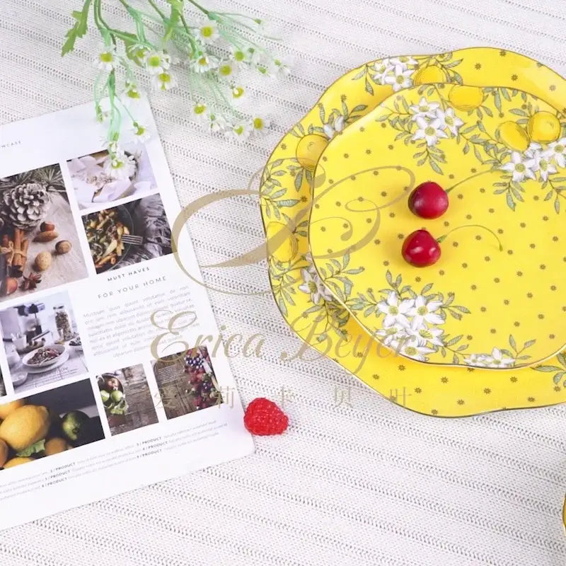 Bright yellow lemon tree bone china plate with floral lemon pattern and gold dots for decorbites lemon tree dining room server