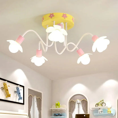 DecorBites™ DecorBites™ Yellow Flower Children Flush Mount Chandelier - Contemporary Semi Flush Ceiling Light with 5 Metal Bulbs