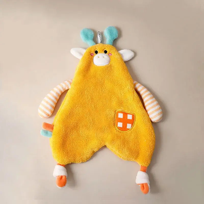 Yellow plush giraffe hand towel with striped arms legs blue ears orange feet and shield patch for bathroom decorbites cartoon animals