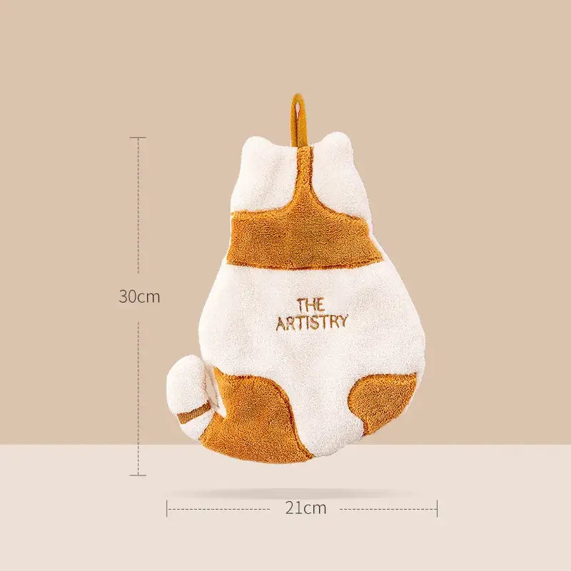 A plush white and orange cat-shaped oven mitt with soft fabric and embroidered text shown with yellow giraffe cartoon animals hand towel decorbites cartoon animals hand