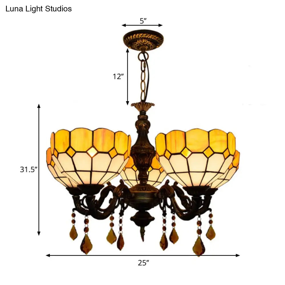 Yellow Glass Shade Chandelier: 5 Heads, Rustic Design with Crystal Accents for Dining Room