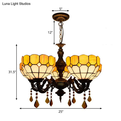 Yellow Glass Shade Chandelier: 5 Heads, Rustic Design with Crystal Accents for Dining Room