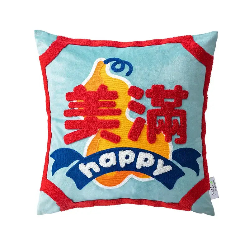 Light blue plush cushion cover with red embroidered border and yellow pear design for decorbites good fortune decorbites good fortune embroidered cushion covers living room decor