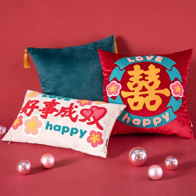 Red velvet cushion cover with yellow good fortune embroidered chinese character and floral decorbites good fortune design