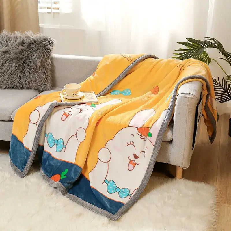 Yellow and gray bunny cartoon plush throw made of soft cartoon flannel blanket featuring rabbits with blue bow ties