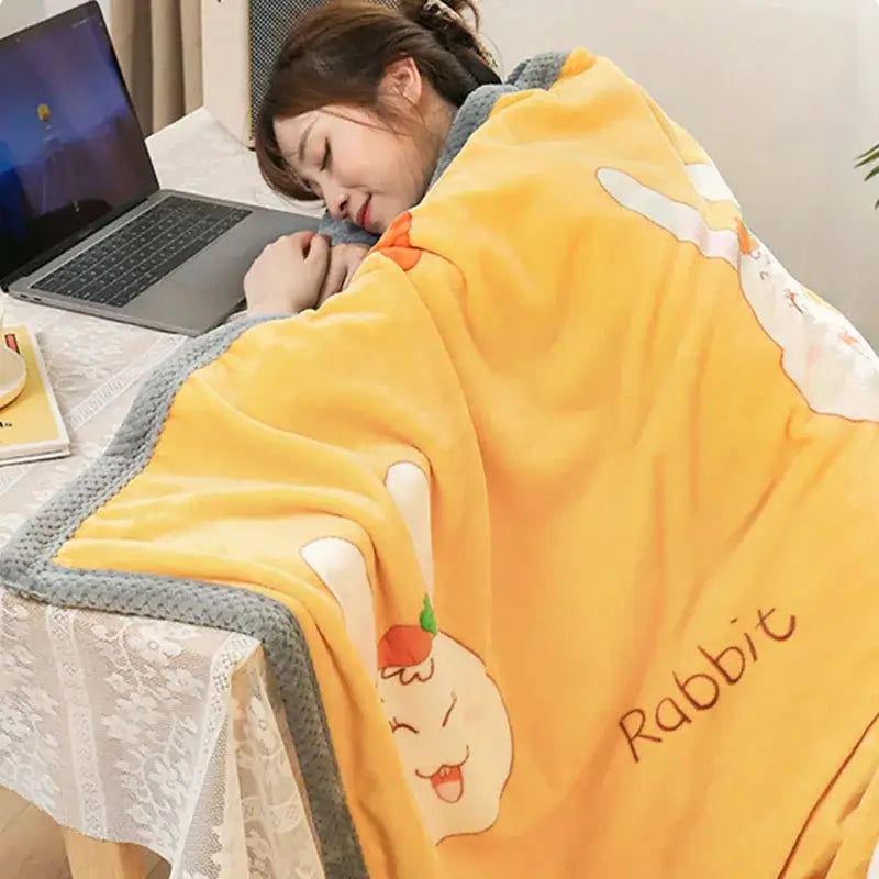 Yellow and gray bunny cartoon flannel blanket featuring plush yellow fabric and gray border from decorbites cartoon flannel collection