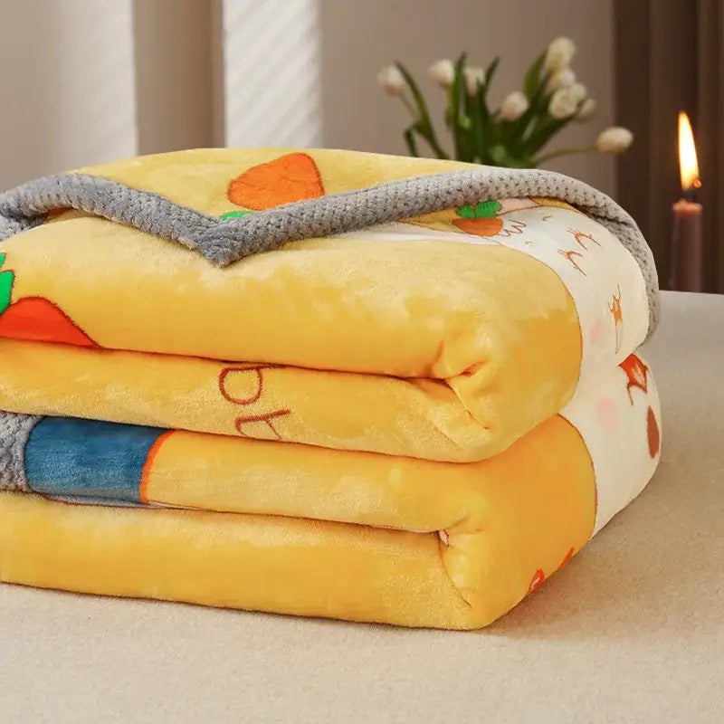Yellow and gray bunny cartoon flannel blanket featuring a cozy plush throw with playful carrot and farm animal print decorbites cartoon flannel