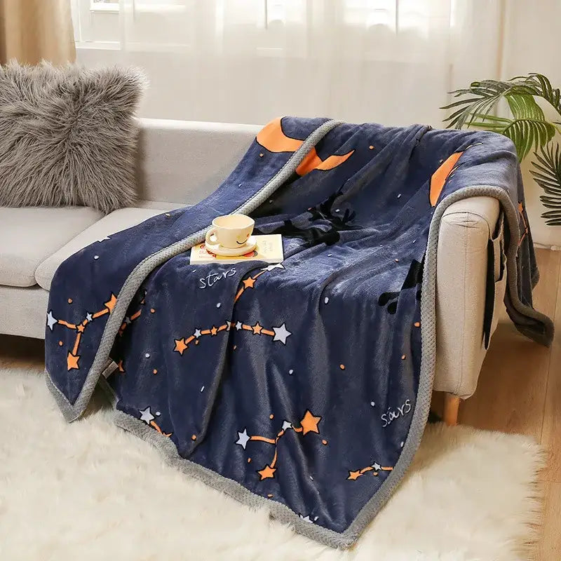 Navy blue plush cartoon flannel blanket with starry night design and gray embroidered border by decorbites cartoon flannel