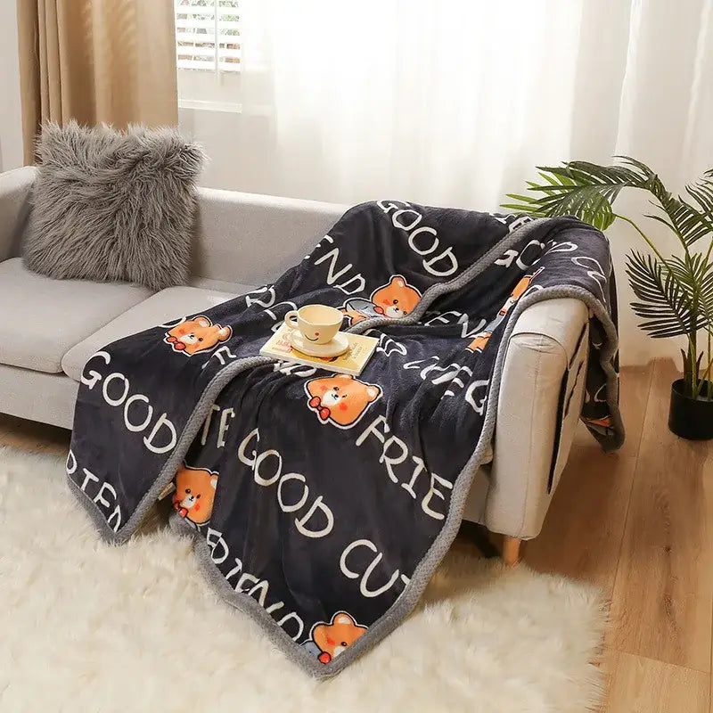 Dark blue plush cartoon flannel blanket with orange bears good friend text and gray fuzzy trim by decorbites cartoon flannel