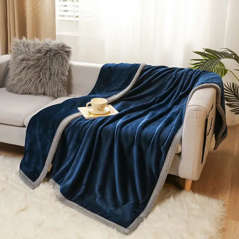 Deep navy plush throw blanket with gray braided border from yellow and gray bunny cartoon flannel decorbites cartoon flannel blanket