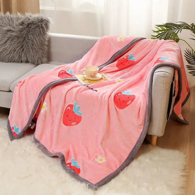 Pink strawberry-patterned plush blanket with gray fleece border complementing yellow and gray bunny cartoon flannel decorbites cartoon blanket