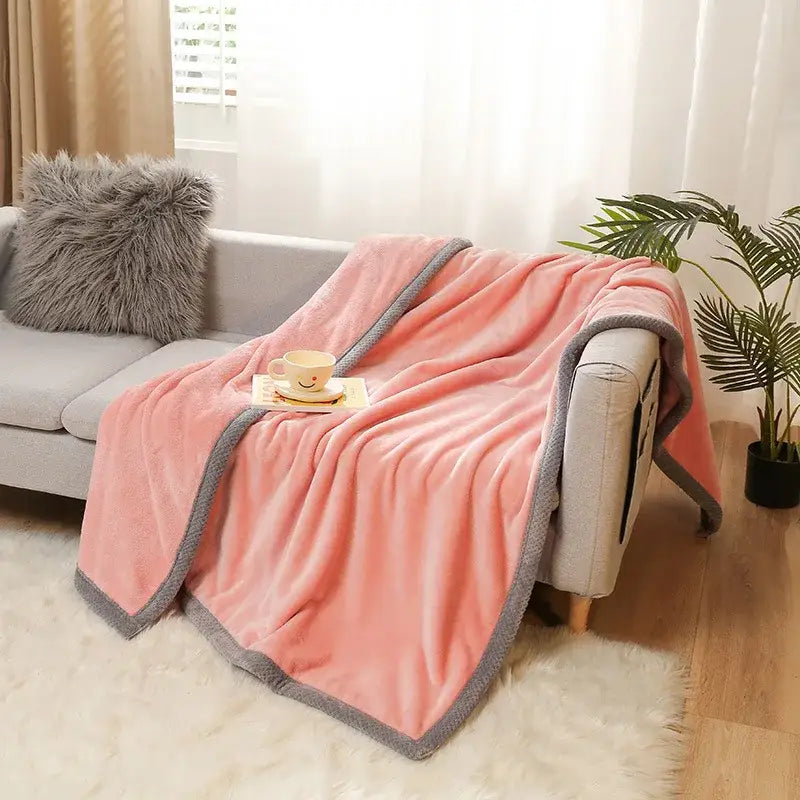 Soft pink plush throw blanket with gray textured border from decorbites cartoon flannel bedroom plush throw collection