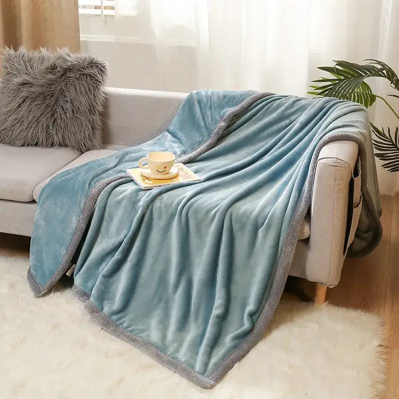 Soft light blue plush throw blanket with gray border from decorbites cartoon flannel yellow and gray bunny collection