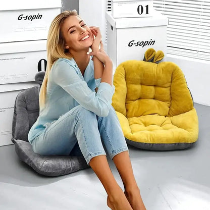 Yellow plush pumpkin-shaped cartoon velvet chair cushion with gray base and tufted back support for decorbites bedroom decor
